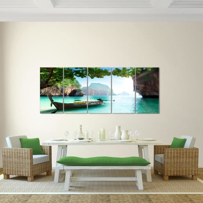 Runa Art Tableau Décoration Murale Paysage Mer 200x80 Cm - 5 Panneaux Deco Toile Prêt à