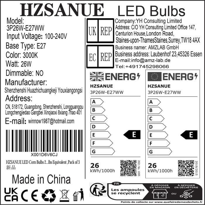 HZSANUE LED Ampoule à Maïs 26W, 200W Équivalent Ampoules à