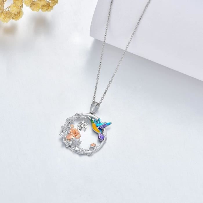 Finrezio Collier Pendentif Colibri Plaqué Or 18 Carats Cristal Autrichien - Collier Maman Femme Argent, Bijou Élégant Cadeau Anniversaire