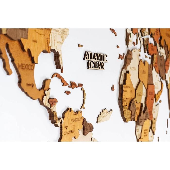 Carte du monde en bois pour décoration murale - bois teinté multicolore,  multicouches, noms gravés - Effet 3D unique - Pour salon, bureau ou chambre  (XL 200x100 cm - Traveler) : : Bricolage