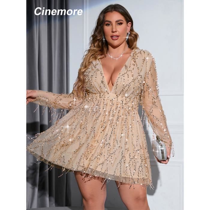Cinemore Robe trapeze a col en V profond pour femmes avec franges mini robes de soiree manches longues paillettes 1.5mmx18709m Blanc Cdiscount Pret a Porter