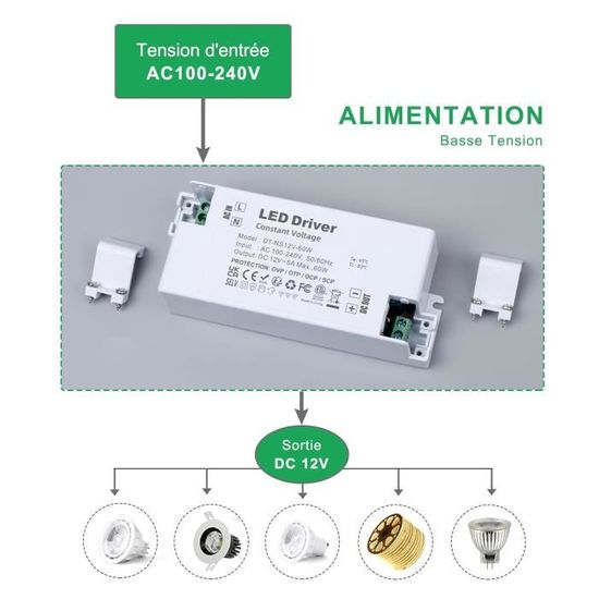 Alimentation LED étanche IP67 12V 60W - Transformateur 220V Vers 12V 5A - Pour Bande LED Intérieur/extérieur
