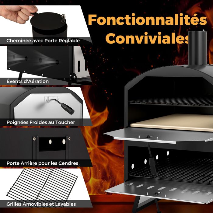 Costway Four à Pizza Extérieur Four à Pizza au Bois avec Housse de Protection Pierre à Pizza 12 Pouces