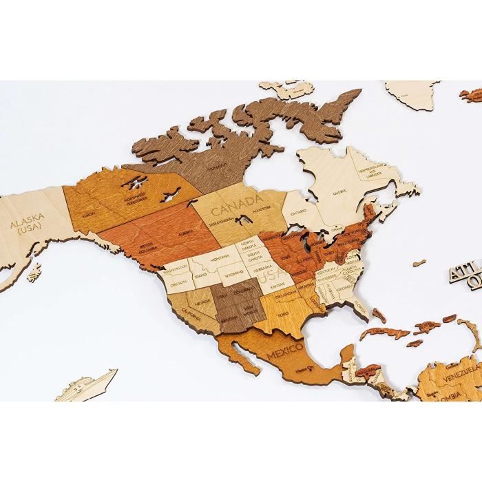 Carte du monde en bois pour décoration murale - bois teinté multicolore,  multicouches, noms gravés - Effet 3D unique - Pour salon, bureau ou chambre  (XL 200x100 cm - Traveler) : : Bricolage