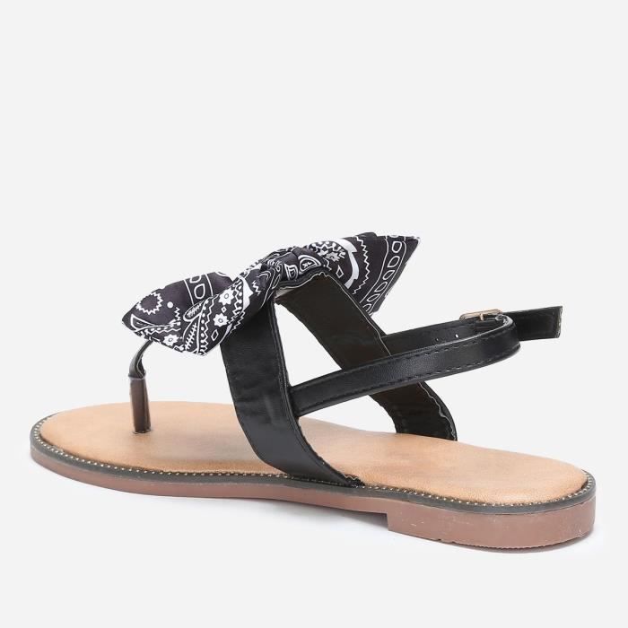 Nu pieds noirs plats avec n ud en tissu imprim LA MODEUSE