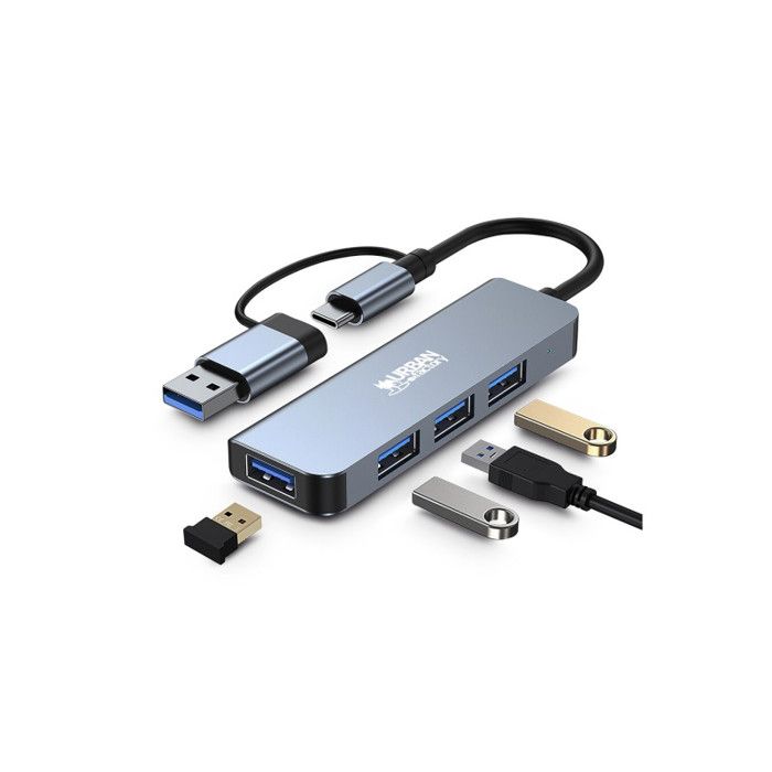 Hub USB 4 Ports - Extendeur USB 3.0 / Type-C - Compact, Plug & Play - Pour Ordinateur Portable, PC - Gris - 4