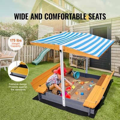 Outsunny Bac à Sable Carré En Bois - 1,2 M X 1,2 M - Toit Réglable En Polyester - 4 Places - Sans Fond - Pin Massif - Certifié CE - Dès 3 Ans