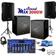Pack Sono 3000w avec 2 Caissons 800w - 2 Enceintes 700w - 1 Table de Mixage IBIZA DJM102-BT - 2 Pieds-0