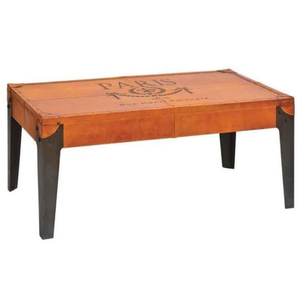 Table basse simple en métal et cuir coloris orange Dim L 110 x P 60