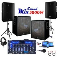 Pack Sono 3000w avec 2 Caissons 800w - 2 Enceintes 700w - 1 Table de Mixage IBIZA DJM102-BT - 2 Pieds