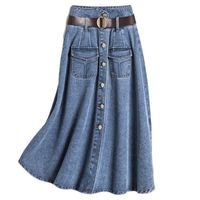 Jupe en jean taille haute pour femme avec ceinture,jupes longues mi-mollet,monochromatique,décontracté,bureau,mode - Bleu[D41349]