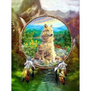 Kit Peinture Diamant 5D Loup Soleil Lune - Toile 30x40cm, Strass Ronds - DIY Déco Murale
