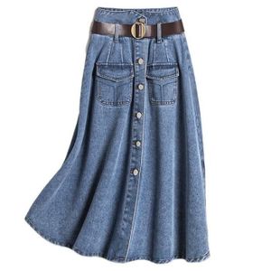 JUPE Jupe en jean taille haute pour femme avec ceinture,jupes longues mi-mollet,monochromatique,décontracté,bureau,mode - Bleu[D41349]