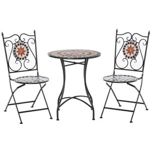 Ensemble table et chaise de jardin Outsunny Ensemble Bistro 2 Places 3 pièces Style Fer forgé mosaïque céramique Motif Rose des Vents chaises Pliables métal époxy Noir
