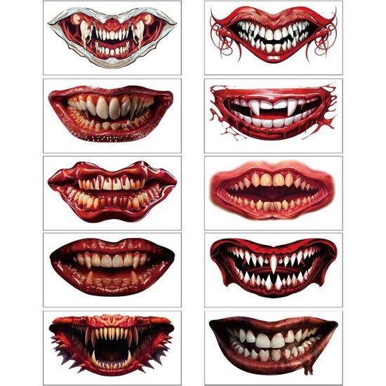 Maquillage De Visage D'Halloween Pour Femmes Et Hommes, Autocollants De Tatouage Temporaire à Grande Bouche, Faux Tatouage Amusant Jetable, Imperméable Pour La Journée Des Saints