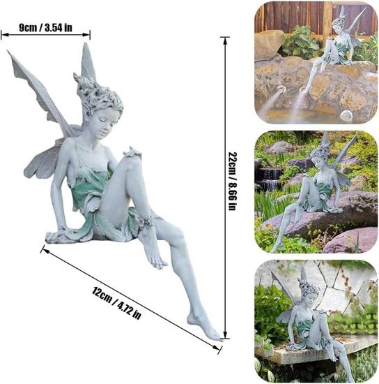Statue Jardin Fée Assise En Résine Gris 22cm - Figurine Elfes Tudor Et Turek Pour Décoration Extérieure