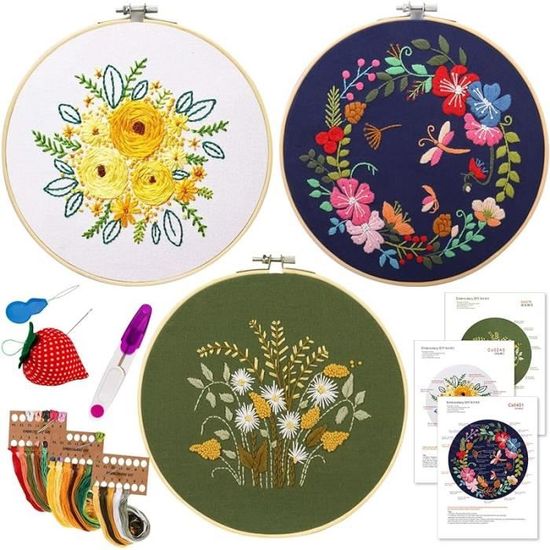 Kit Broderie Débutant Zimoer - Motif Fleurs/oiseaux - Cadre 20cm, Fils, Aiguilles - Loisir Créatif