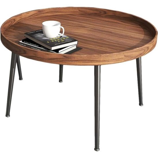Table Basse Ronde Style Industriel - 80x46 Cm, 2 étagères, Pieds Réglables - Bois Clair Et Métal Noir - 8