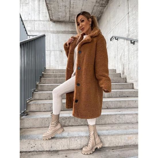 FUNMOON Manteau Femmes D Hiver Collier Stand Solide Duveteux Bouton Outwear Noir Cdiscount Pret a Porter