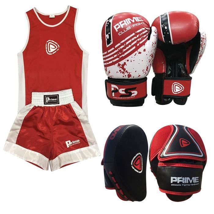 UNIFORME DE BOXE POUR ENFANTS AVEC LA TENUE (HAUT + SHORT) 7-8 ANS, LA PAIRE DE GANT TAILLE :4oz ET 2 PATTES D’OURS – ROUGE
