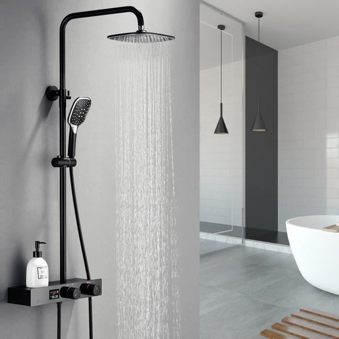 Colonne de Douche avec Plateau de Rangement Ensemble de Douche Écran LCD Affichage Digital Température et Temps Kit de Douche Noir