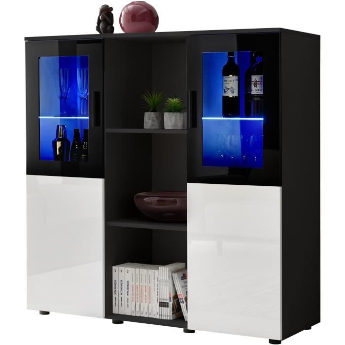 Extreme Furniture Buffet Dream - LED bleues - Blanc Brillant & Noir - Façades en Brillant - L120cm x H125cm x P41cm