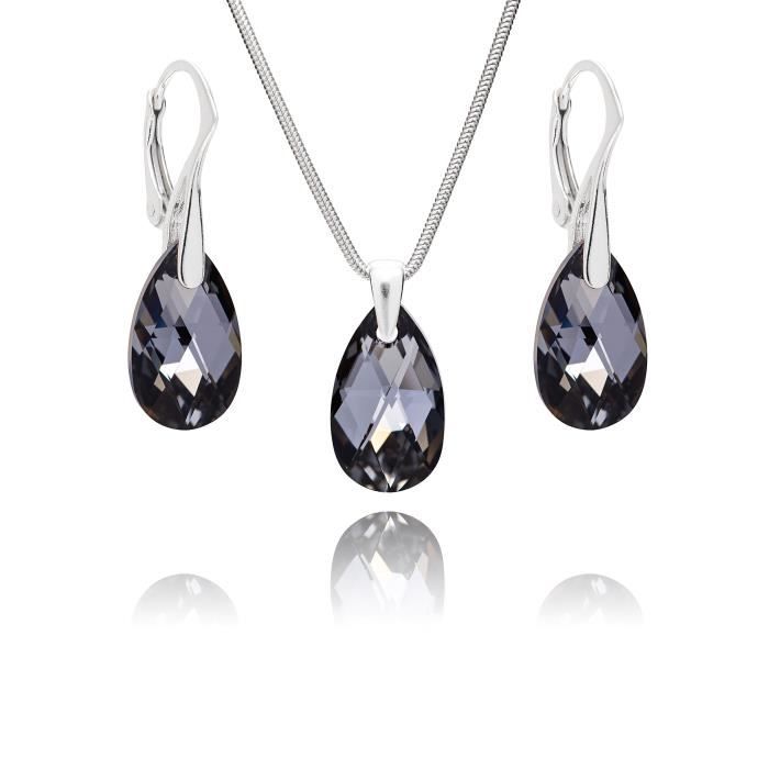 LillyMarie Femme Ensemble de Bijoux Vrai Argent Pendentif Goutte Swarovski Elements Originaux Gris Longueur Réglable Coffret Cade