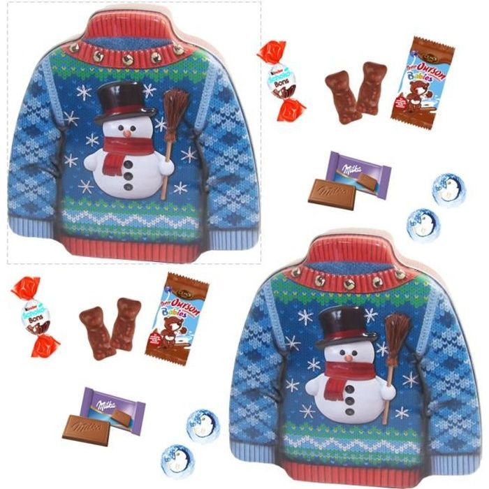 2 boites pulls garnis de 30 chocolats de Noël ,Kinder, Oursons guimauve Cémoi, Milka, boules flocons