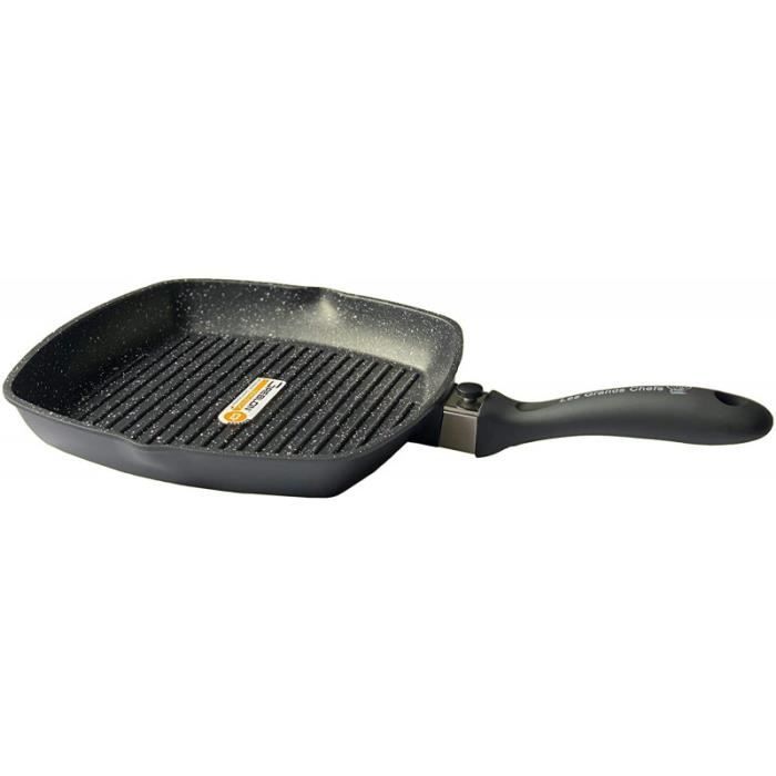 Poêle Grill 30 cm en pierre, manche amovible, induction, antiadhésive