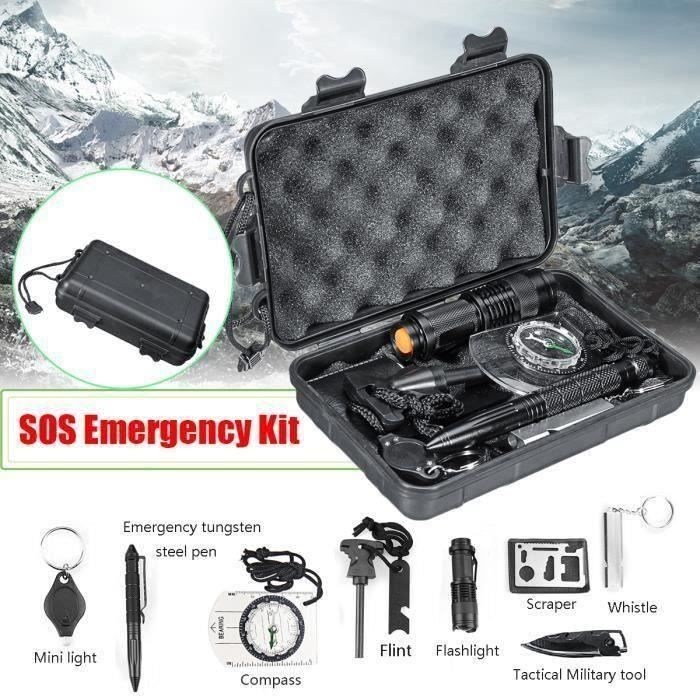 10 en 1 SOS Équipement Survie Multi-fonction Urgence Outil de Survie d'aventure Boîte Premiers Secours Randonnée Camping