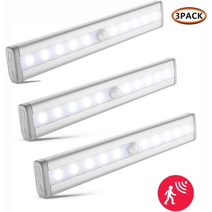 3pcs Lampe Détecteur de Mouvement, Lampe de Placard, fonctionnement sur piles ,Veilleuse LED, 10 LED Lampe Escalier-Blanc