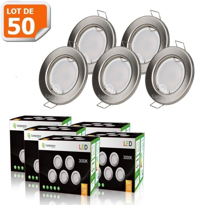 LOT DE 50 SPOT LED ENCASTRABLE COMPLETE RONDE FIXE ALU BROSSE eq. 50W BLANC CHAUD