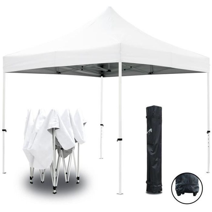 Tente pliante blanche 3x3m ECO Tube 25mm en acier Bâche 220g-m² ENDUIT PVC 100% ÉTANCHE Tonnelle réception jardin, Sac de transport