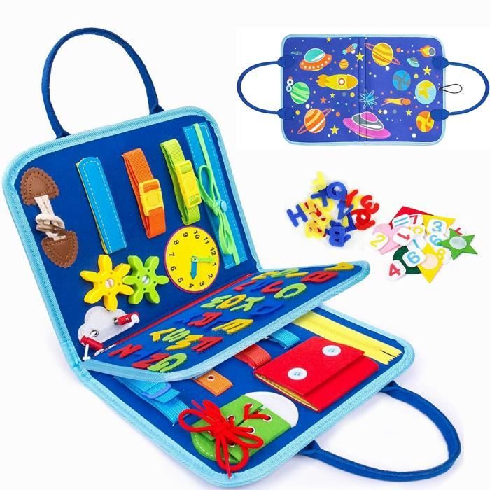 KENLUMO Busy Board pour Enfants , Jeux Montessori pour Apprendre La Motricité Fine,Encart pour Apprendre Compétences de Vie ,Planete