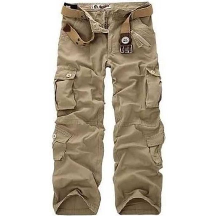 Homme Pantalon Travail Coton Casual Extérieur Multi-poches Mode Loose pantalon cargo pants #Kaki