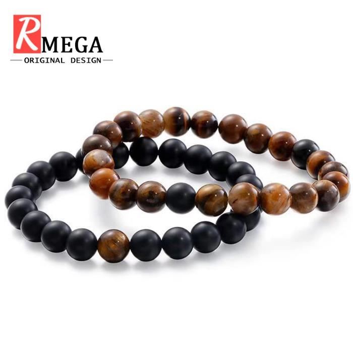 RMEGA® Coffret Bracelet Homme - Couples - Distance Bracelet - Design classique - Pierre Naturelle - Brun et Noir