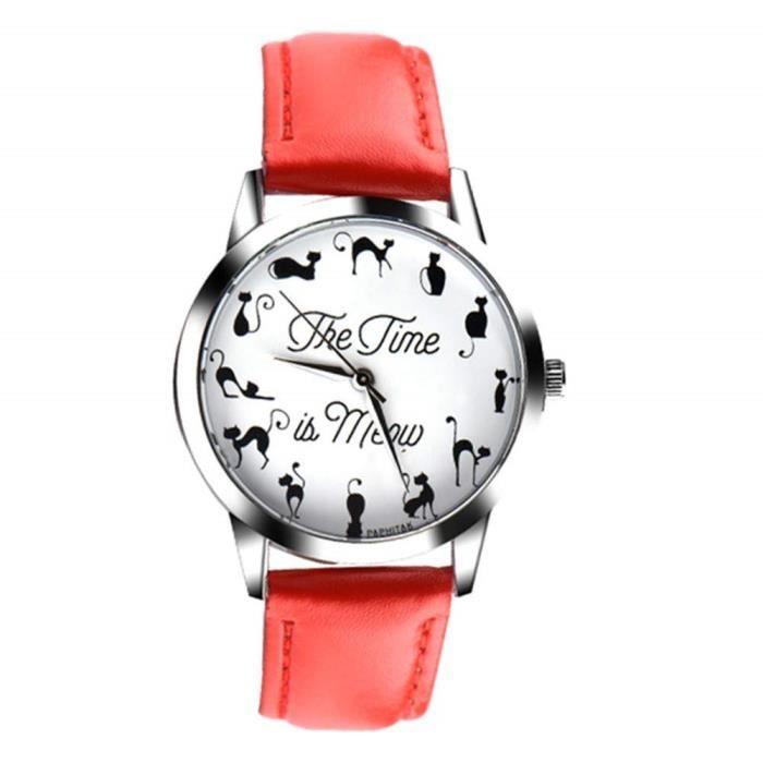 , Montre pour femmes, bracelet en cuir, design tendance, analogique, alliage, montre à quartz RedRed#BCD-1887