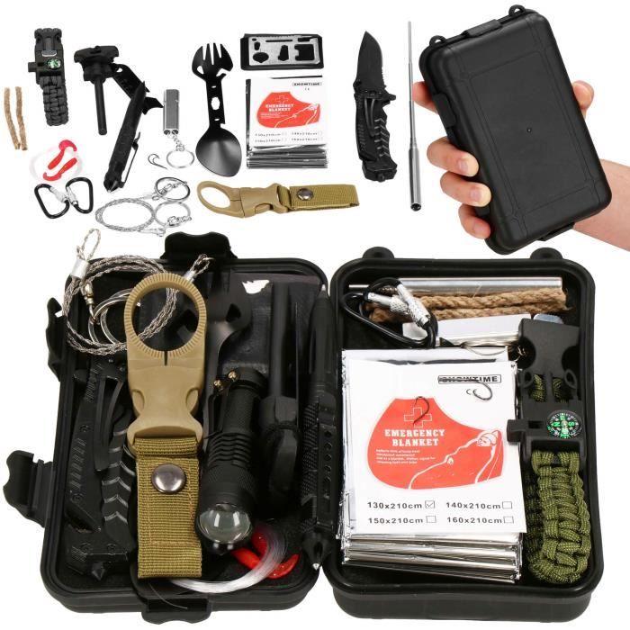 SPRINGOS® Kit de survie professionnel Boussole de camping Couteau pliant Lampe de poche Trousse d'urgence 21 en 1