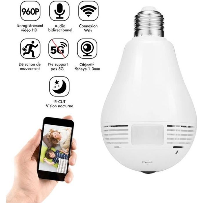 Caméra de sécurité Wifi IP TECHSTICK Caméra de surveillance 960P 360° Ampoule LED et Moniteur maison pour famille, enfants, parents