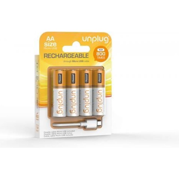 UNPLUG Piles Rechargeables AA Pack de 4 avec Câble Micro USB