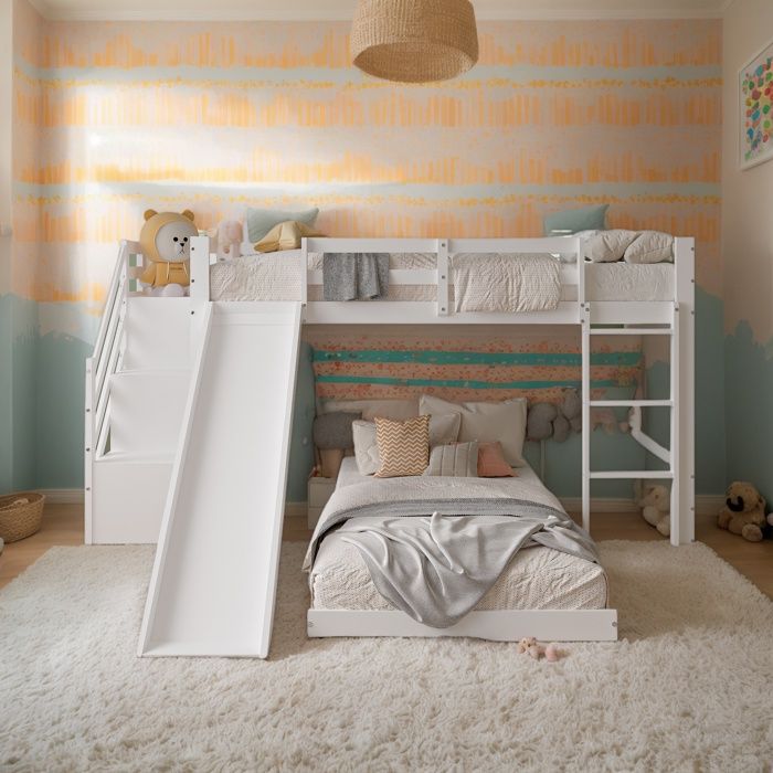 Lit Mezzanine Enfant Bois Massif 90x200/140x200 Cm - Avec échelle Rangement, 2 Tiroirs Et Barrière Sécurité - Blanc, Sommier Lattes Inclus