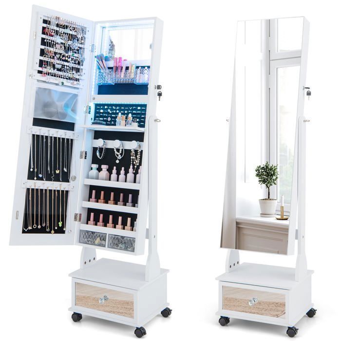 Armoire à Bijoux avec Miroir - RELAX4LIFE - Angles Réglables - Lumière LED 3 Couleurs - 4 Roues Universelles avec Serrure - Blanc