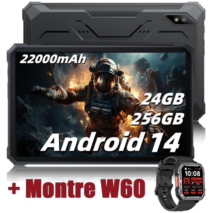 Blackview Active 8 Pro Tablette Incassable 10.36 2.4K FHD+ 24Go+256Go 22000mAh(33W) 48MP+16MP Android 14 Noir Avec W60 Noir