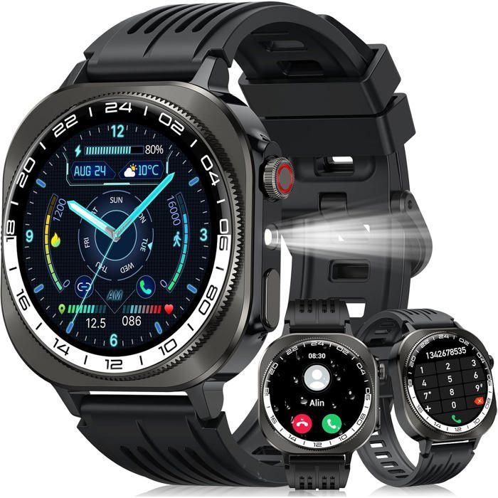 Montre Connectée Homme Femme 660mAh 1.43 Écran AMOLED HD Smartwatch avec Appel Bluetooth/LED Lampe 24/7 Sommeil/Cardio/Podomètre