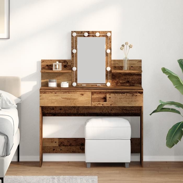 Moderne Coiffeuse Table de chambre avec miroir et lumières LED en bois vieilli et bois aggloméré @FR(550103)