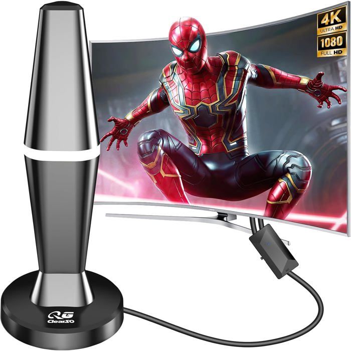 Antenne TV Intérieure Amplifiée 36 DBi – Portée Jusqu'à 200 Km – Compatible TNT HD, 4K – Amplificateur Intégré – Support VHF/UHF