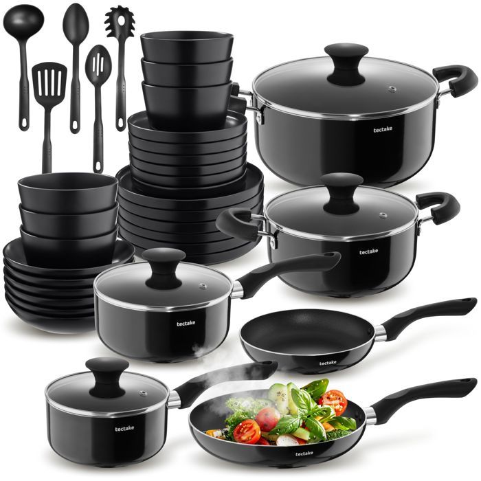 Batterie de cuisine - TECTAKE - Set de cuisine de 39 pièces induction pour 6 personnes avec vaisselle et casseroles - Noir