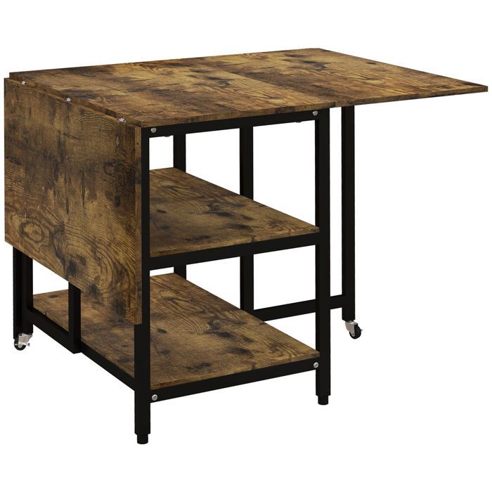 Table à Manger 140 x 80 cm plateau rabattable Table Repas roulettes 2 compartiments style rustique marron structure en acier