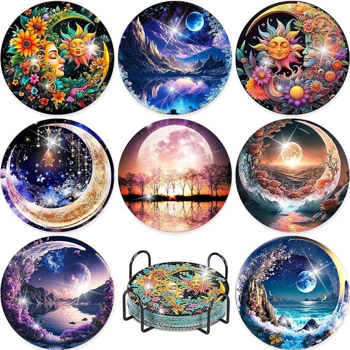 Kit De 8 Sous-verres Diamant Painting Halloween Citrouille - Avec Support, Pour Adultes Et Enfants