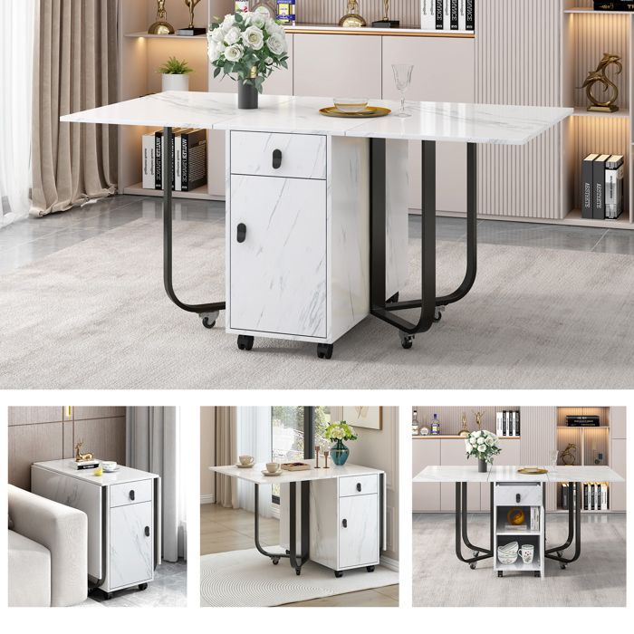 Table à manger pliable - JAERLIUB - Capacité de charge 60kg - Cadre en métal - Plateau aspect marbre - Deux tiroirs